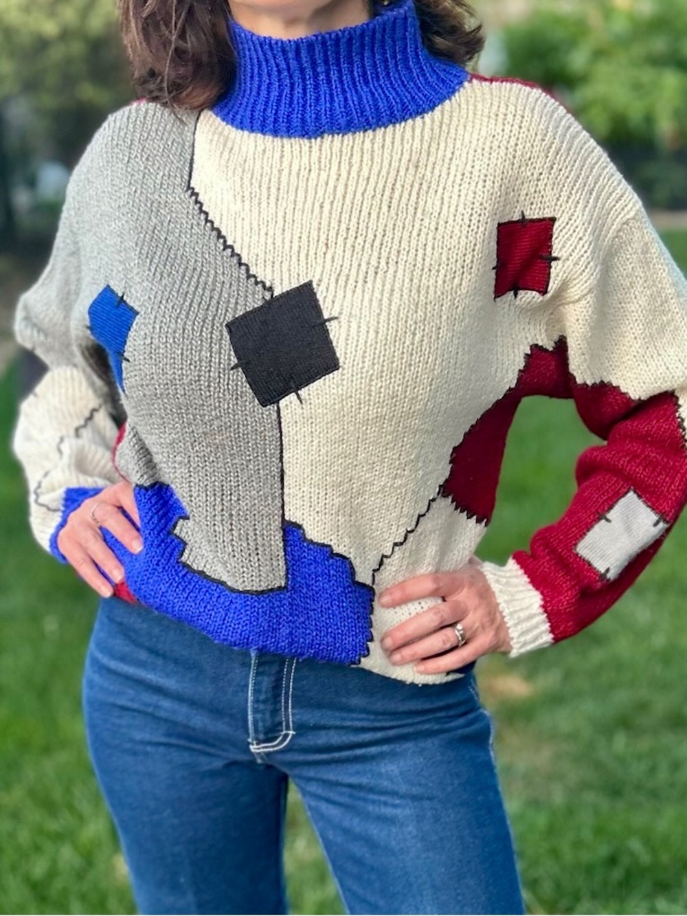 Vintage 80s 90s Eddie Dassin Colorblock Patchwork Sweater | Size S